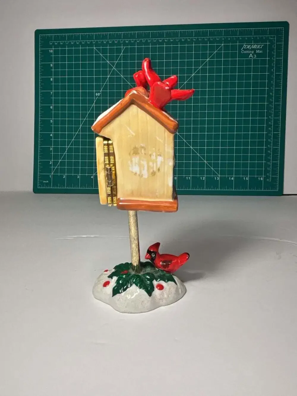 Vintage Ceramic Cardinal Birdhouse Trinket Box on Snowy Holly Post